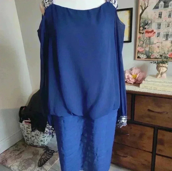 Betsy & Adam Jeweled Blouson Cold Shoulder Cocktail Dress 14 Royal Blue Mob Wife - Picture 5 of 6
